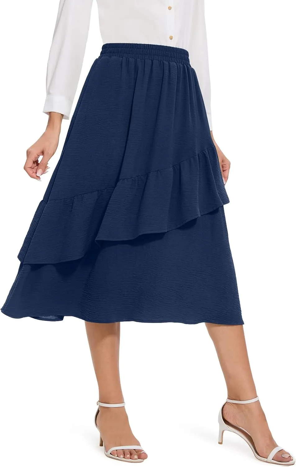 Women's Boho Tiered Midi Skirt Vintage Summer Elastic High Waist Skirt Ruffle A-Line Flowy Skirts with Pockets