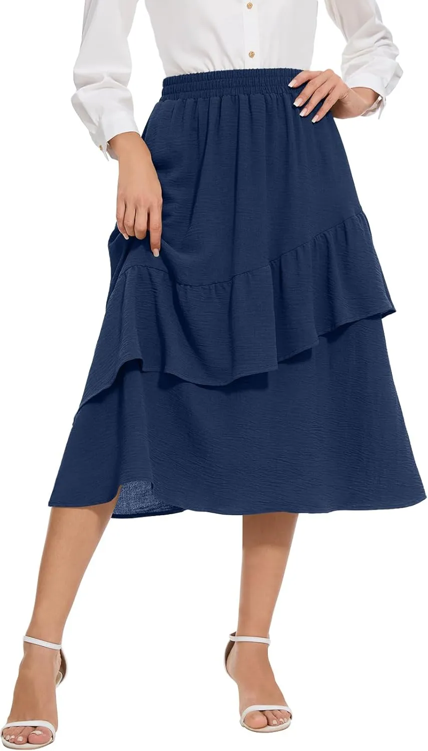 Women's Boho Tiered Midi Skirt Vintage Summer Elastic High Waist Skirt Ruffle A-Line Flowy Skirts with Pockets