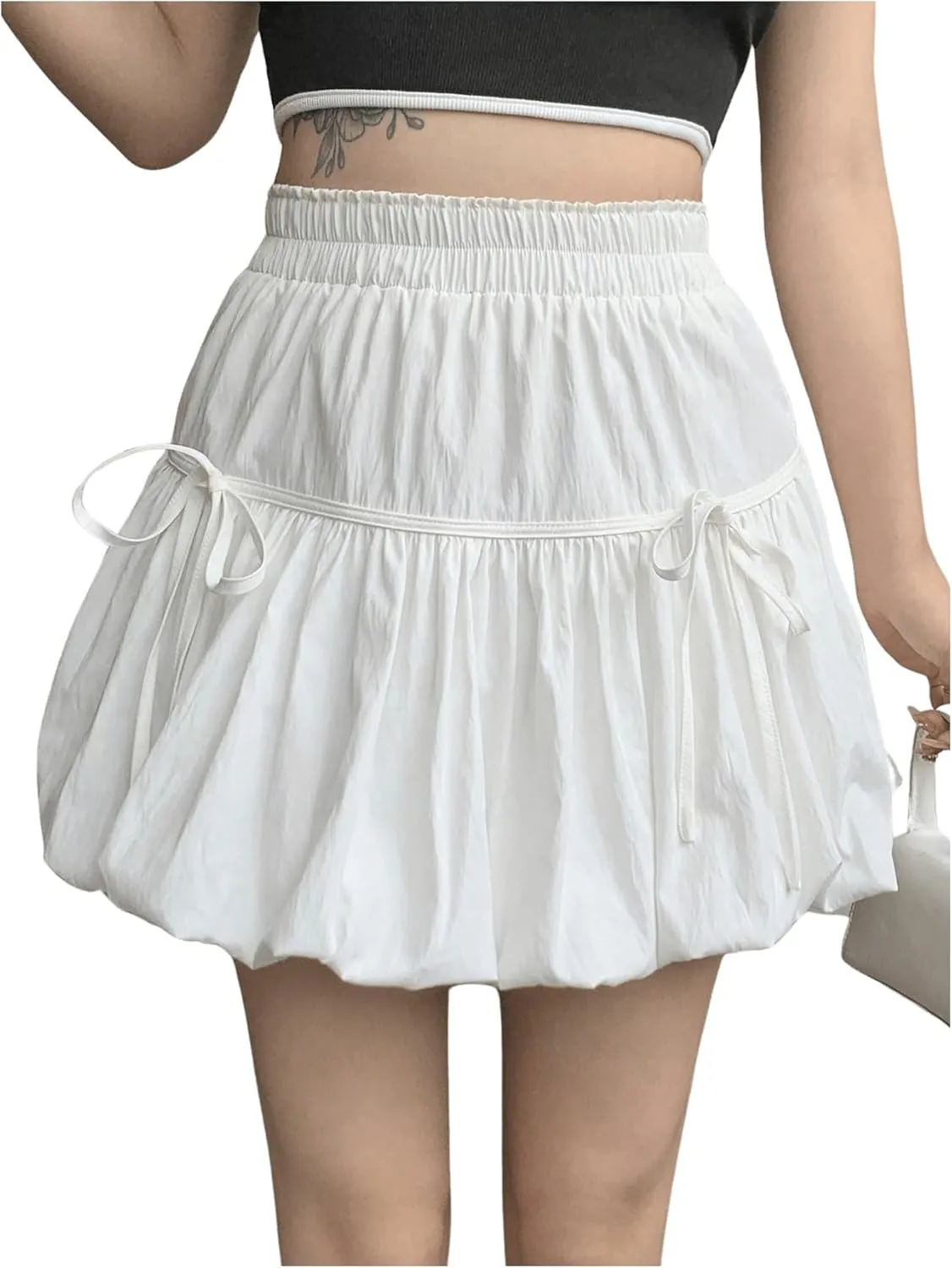 Women's Bubble Skirt Ruffle Flared Mini Skirts Casual High Waisted A Line Mini Skirt Loose Skort