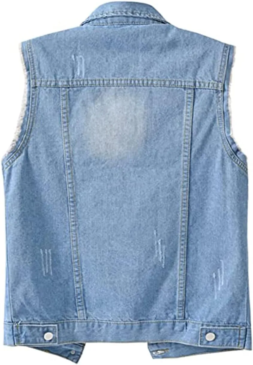 Women's Casual Denim Waistcoat Slim Fit Frayed Sleeveless Jacket Ripped Tops with Pockets