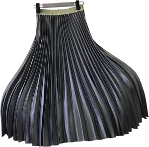Womens Casual Elastic Waist Metallic Pleated Accordion Midi Long Skirts
