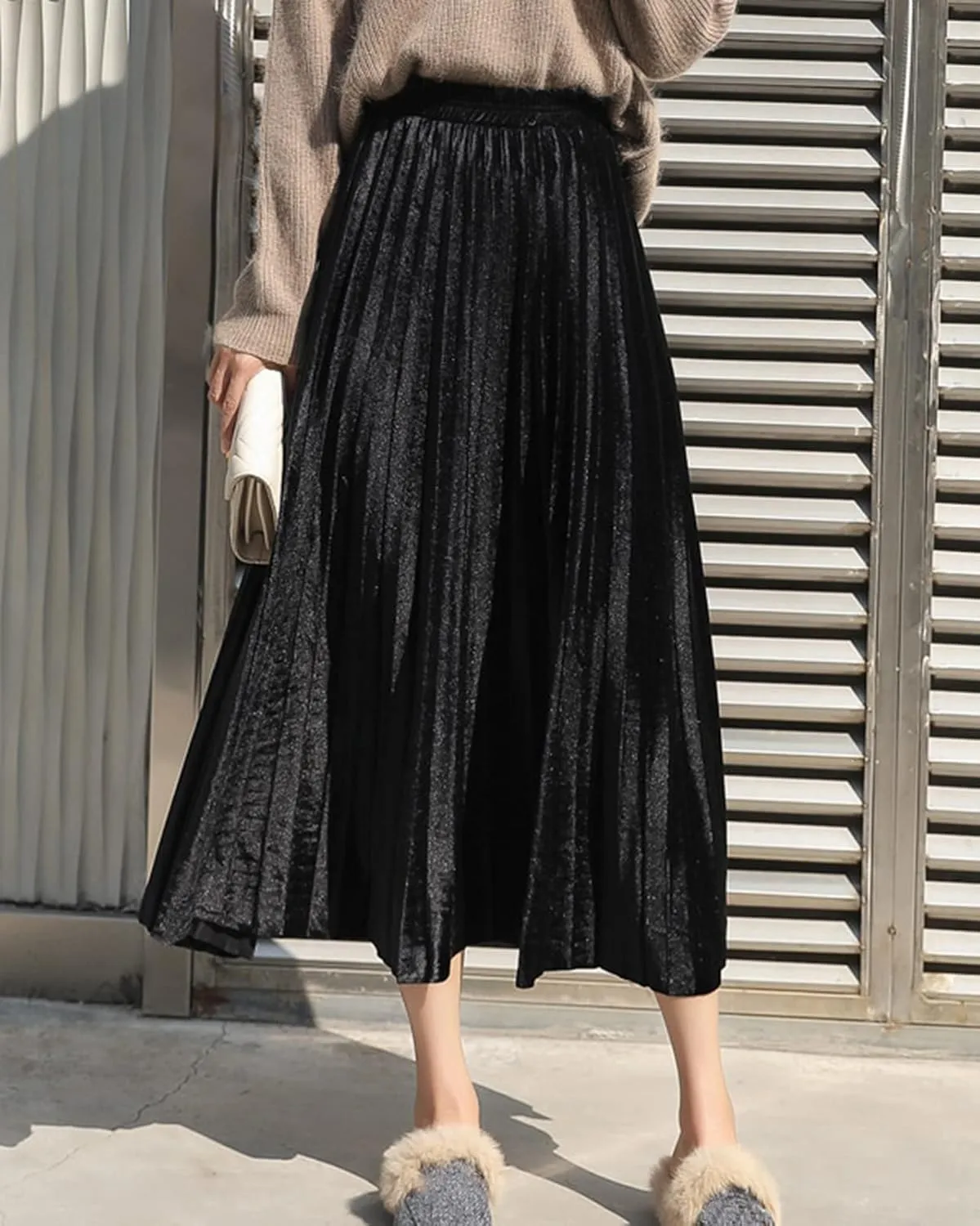 Women's Casual High Waisted Party Metallic Shiny Accordion A Line Pleated Midi Skirt