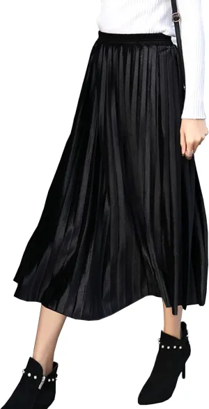 Women's Casual High Waisted Party Metallic Shiny Accordion A Line Pleated Midi Skirt