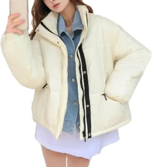 Women's Contrast Zipper Parkas Coat Vintage High Collar Pockets Cotton-Padded Jacket