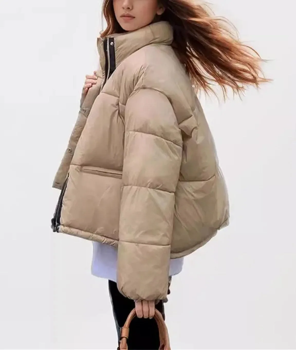 Women's Contrast Zipper Parkas Coat Vintage High Collar Pockets Cotton-Padded Jacket