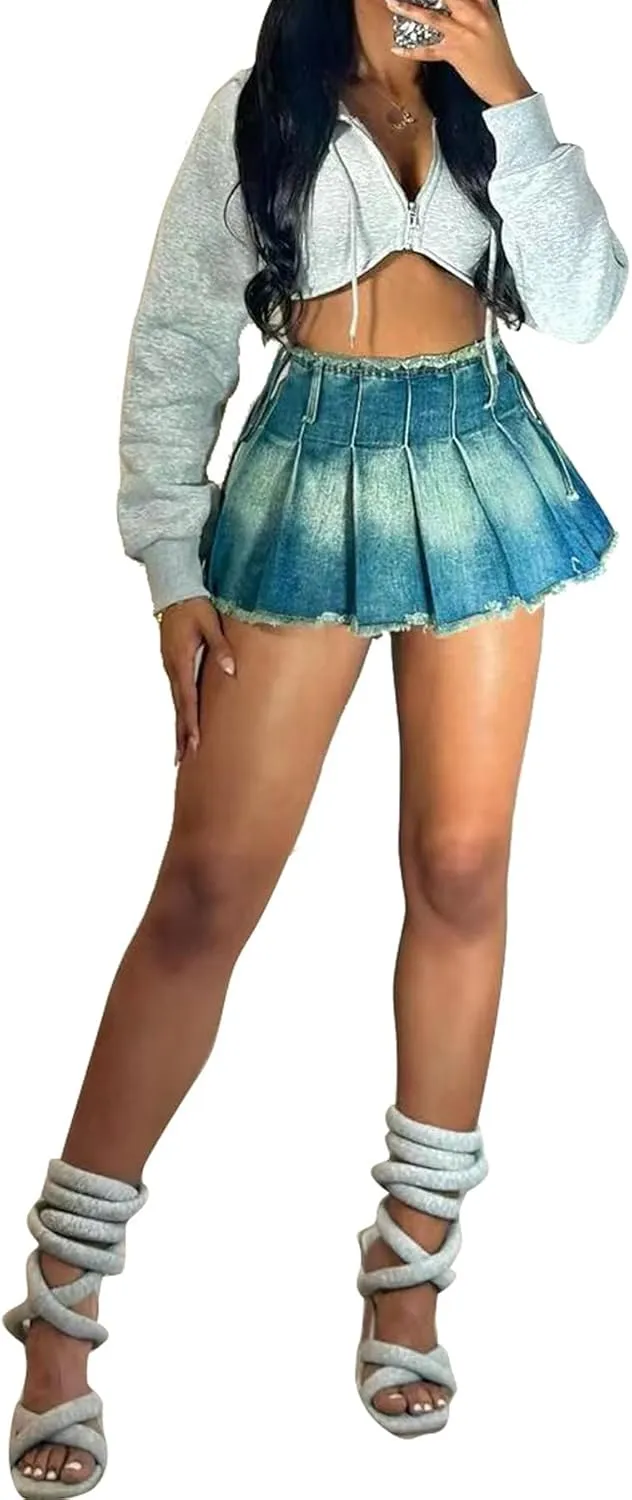 Women's Denim Pleated Mini Skirt Casual High Waisted Raw Hem A Line Jean Short Skirts with Belt Y2k Streetwear