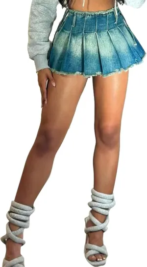 Women's Denim Pleated Mini Skirt Casual High Waisted Raw Hem A Line Jean Short Skirts with Belt Y2k Streetwear