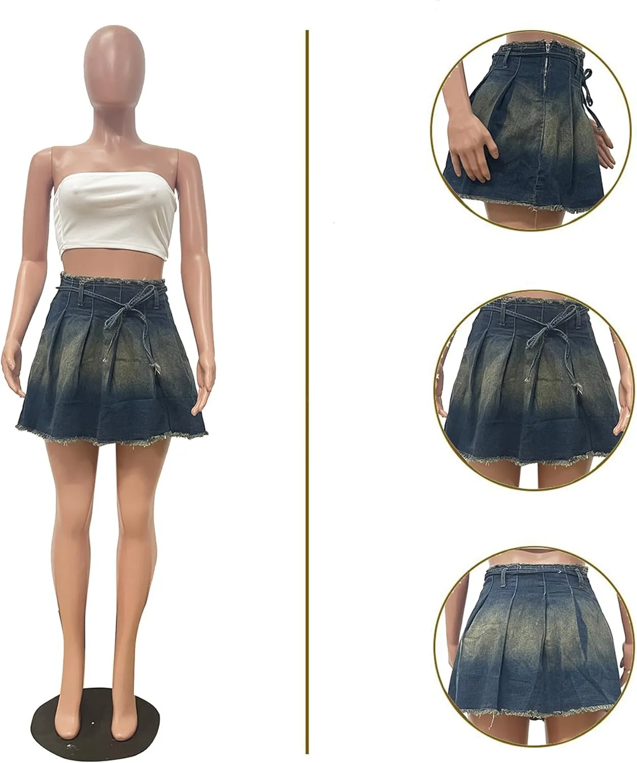 Women's Denim Pleated Mini Skirt Casual High Waisted Raw Hem A Line Jean Short Skirts with Belt Y2k Streetwear