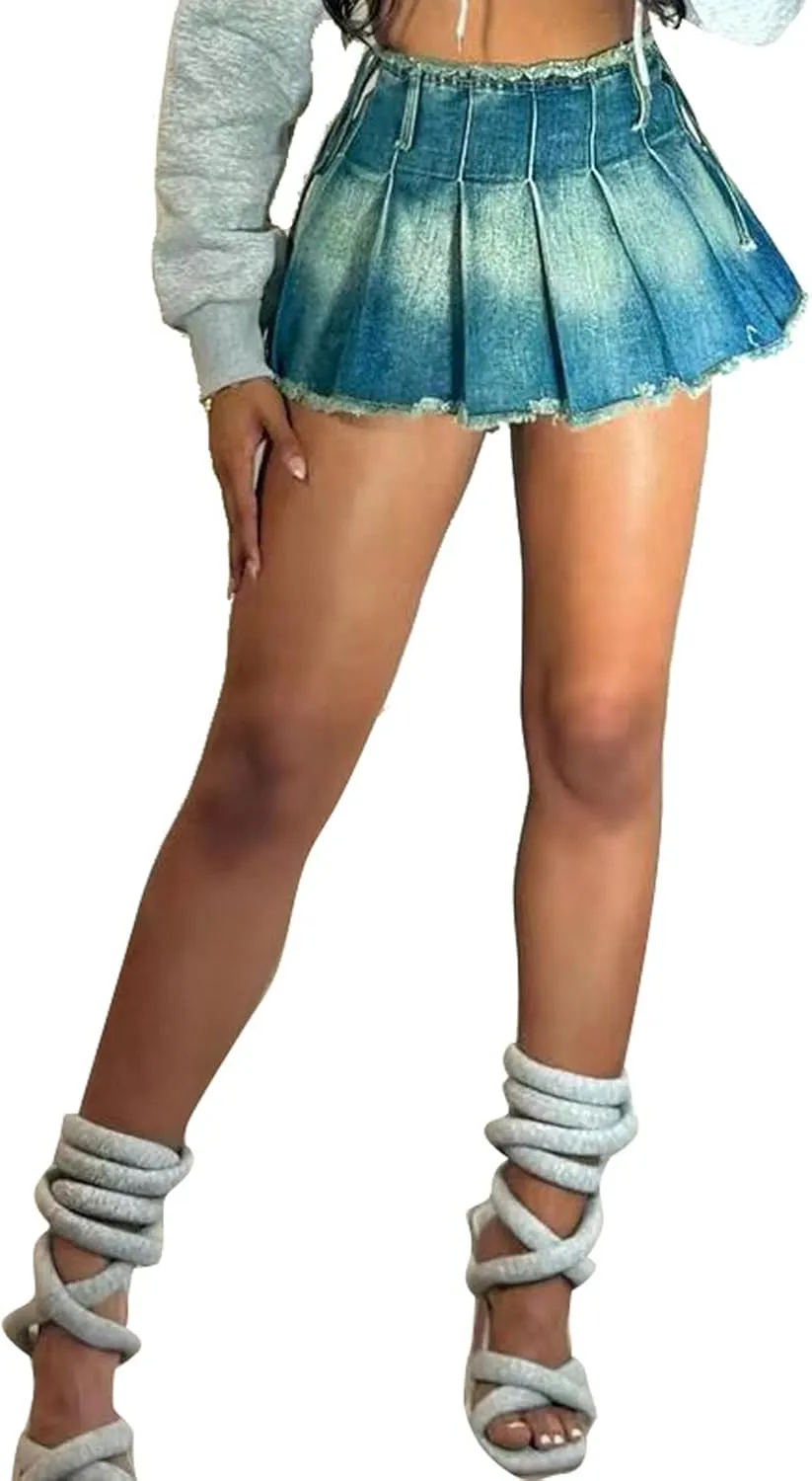 Women's Denim Pleated Mini Skirt Casual High Waisted Raw Hem A Line Jean Short Skirts with Belt Y2k Streetwear