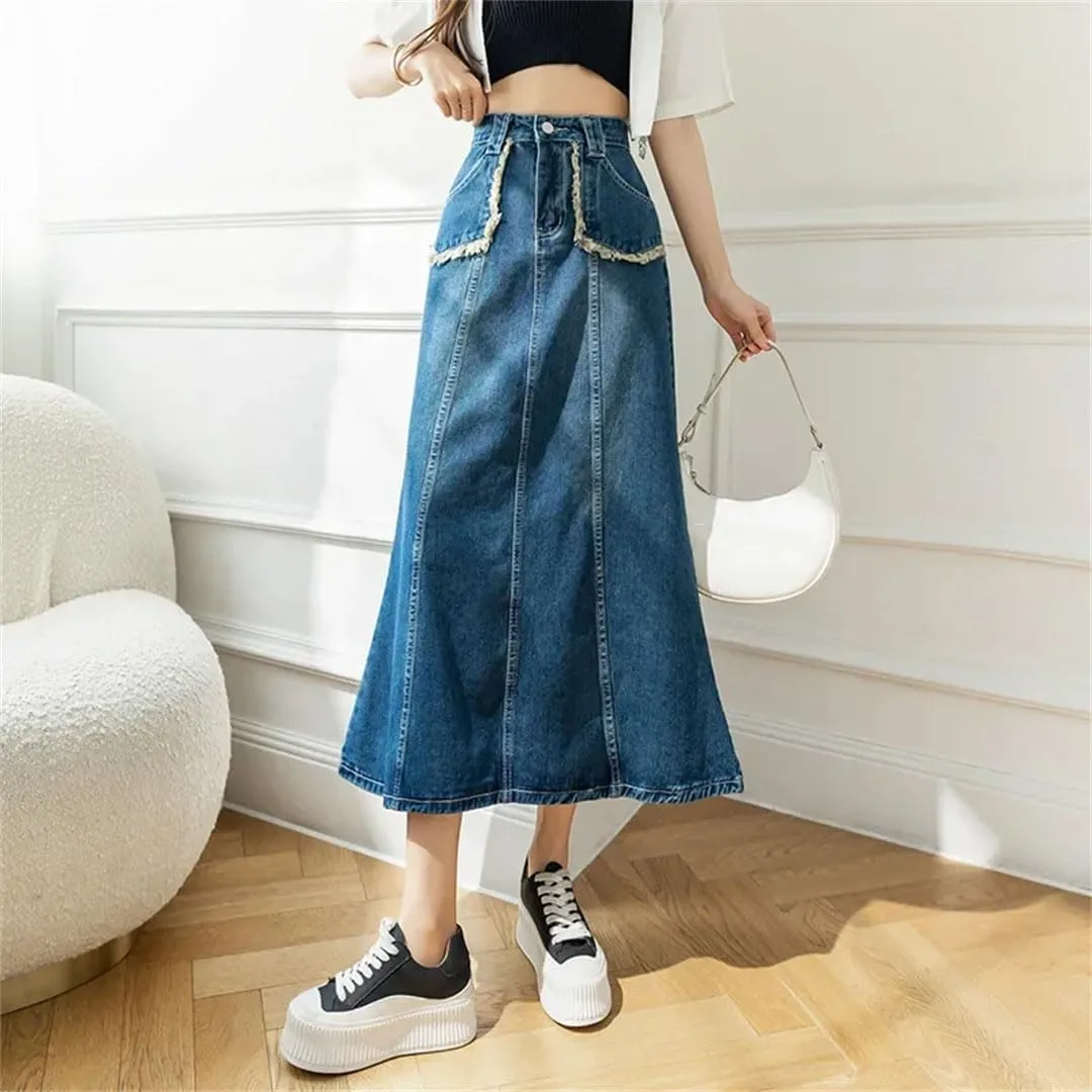 Women's Denim Skirt for High-Waisted Slimming Medium-Length Vintage Style Petite Flared Half Skirt