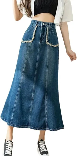 Women's Denim Skirt for High-Waisted Slimming Medium-Length Vintage Style Petite Flared Half Skirt