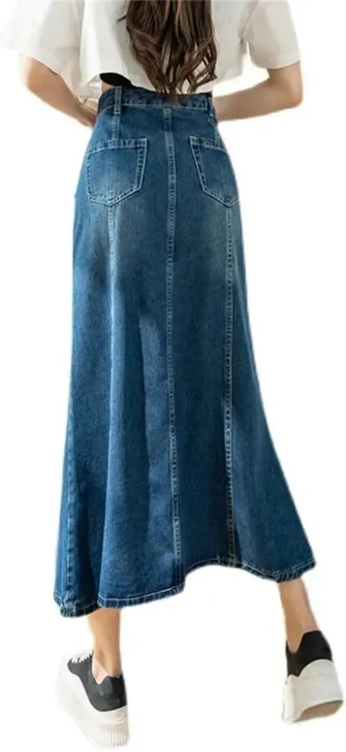 Women's Denim Skirt for High-Waisted Slimming Medium-Length Vintage Style Petite Flared Half Skirt