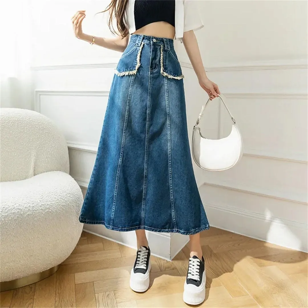 Women's Denim Skirt for High-Waisted Slimming Medium-Length Vintage Style Petite Flared Half Skirt