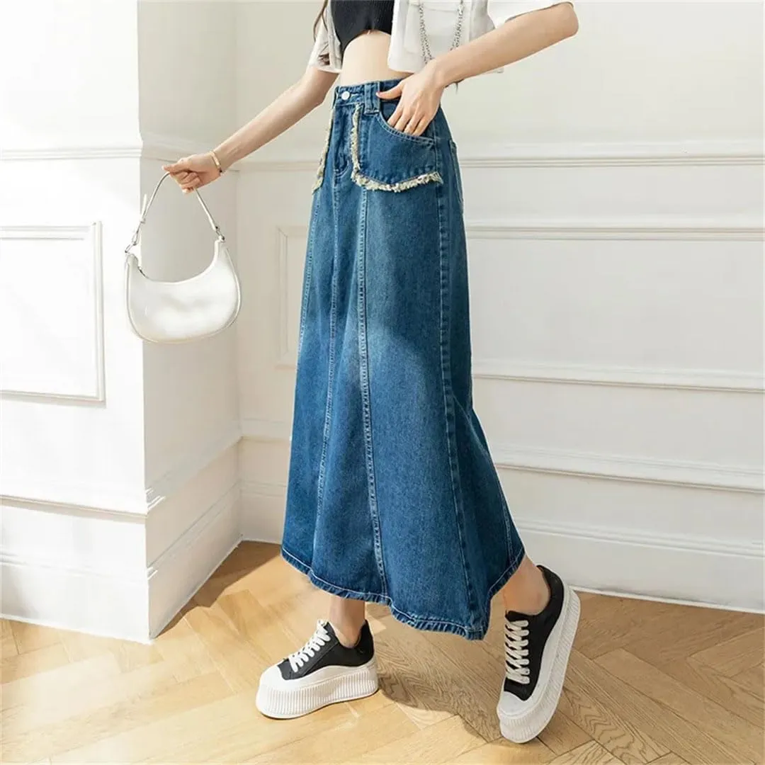 Women's Denim Skirt for High-Waisted Slimming Medium-Length Vintage Style Petite Flared Half Skirt