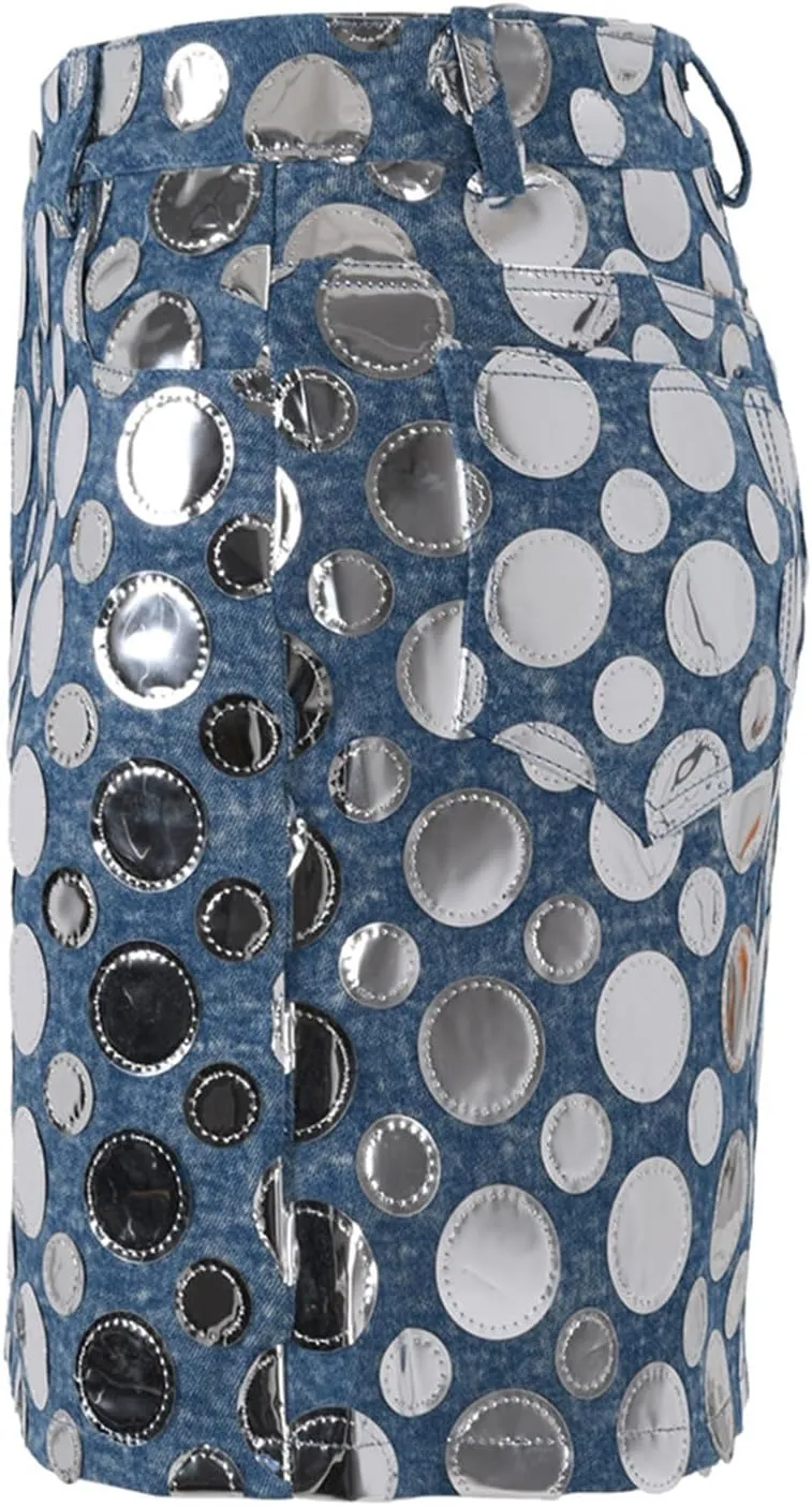 Womens Denim Skirt Glitter Sequin Bodycon Stretch High Waisted Summer Trendy Jean Mini Skirt