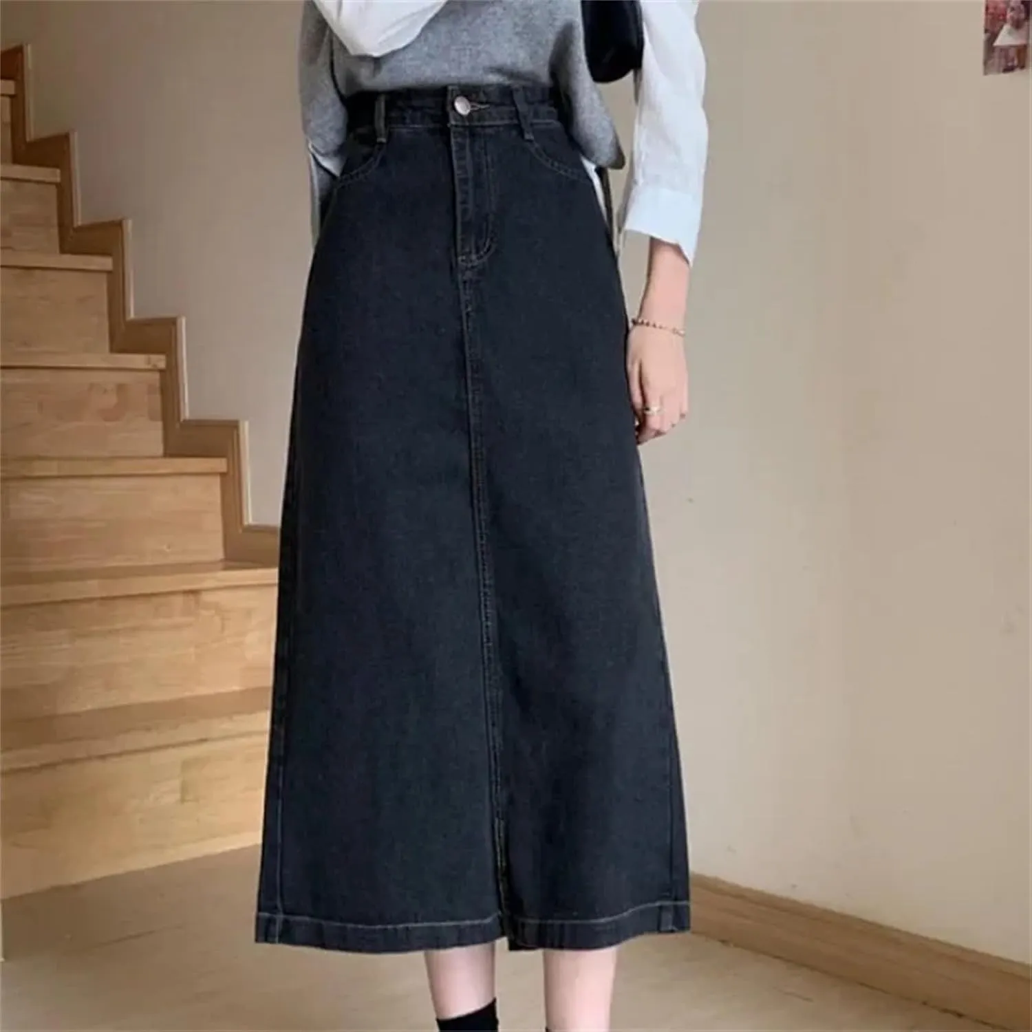 Women's Denim Skirt  High-Waisted Side Slit Bodycon Medium-Length Casual Stretch Waist Washed for Spring