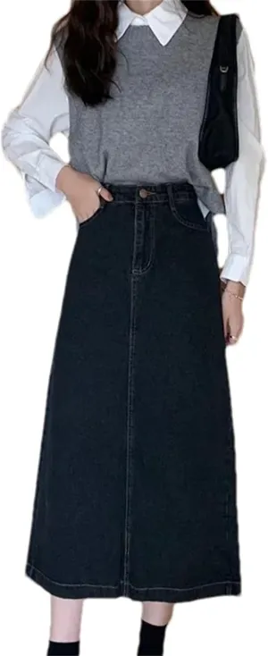 Women's Denim Skirt  High-Waisted Side Slit Bodycon Medium-Length Casual Stretch Waist Washed for Spring