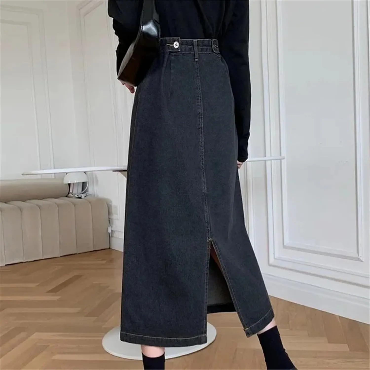 Women's Denim Skirt  High-Waisted Side Slit Bodycon Medium-Length Casual Stretch Waist Washed for Spring