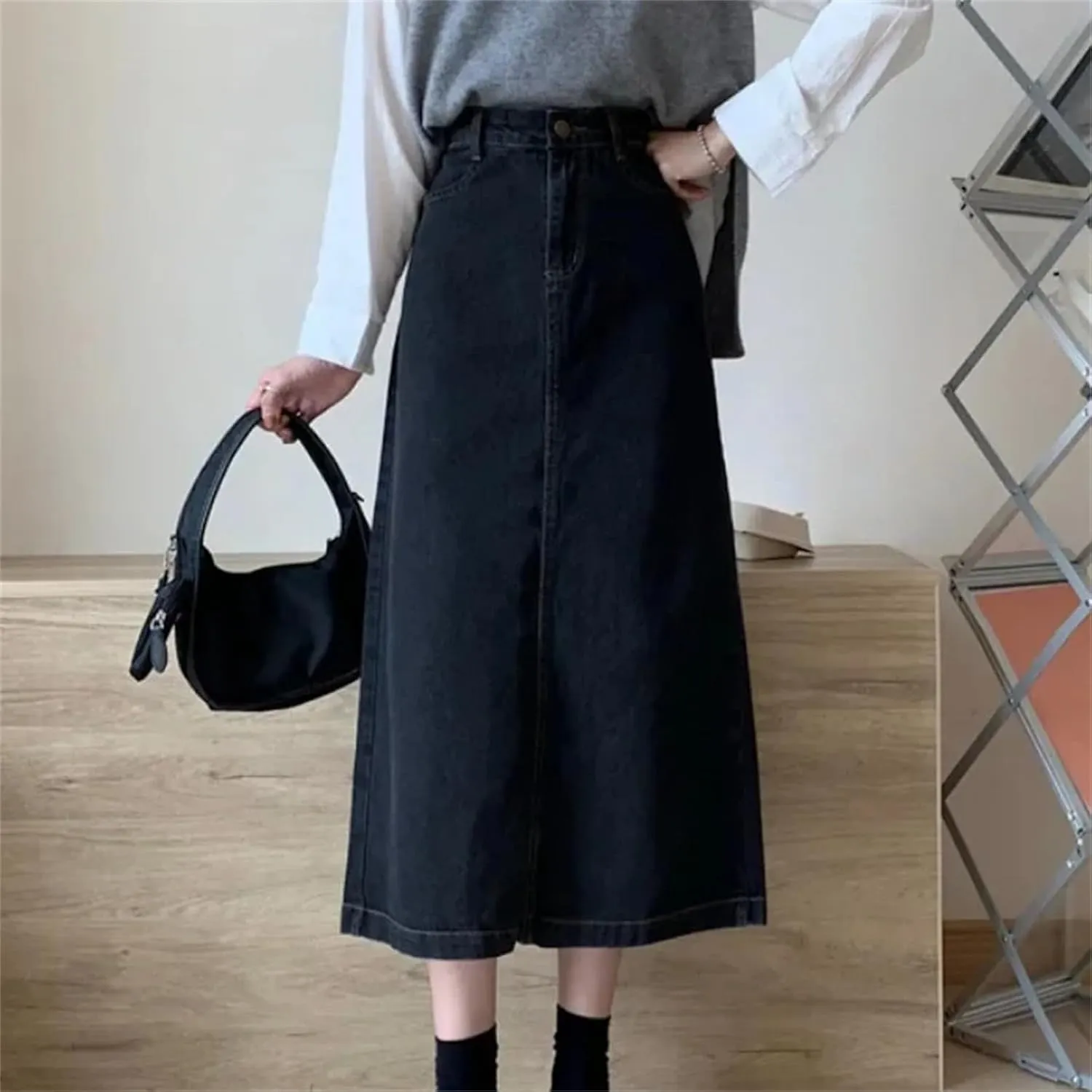 Women's Denim Skirt  High-Waisted Side Slit Bodycon Medium-Length Casual Stretch Waist Washed for Spring