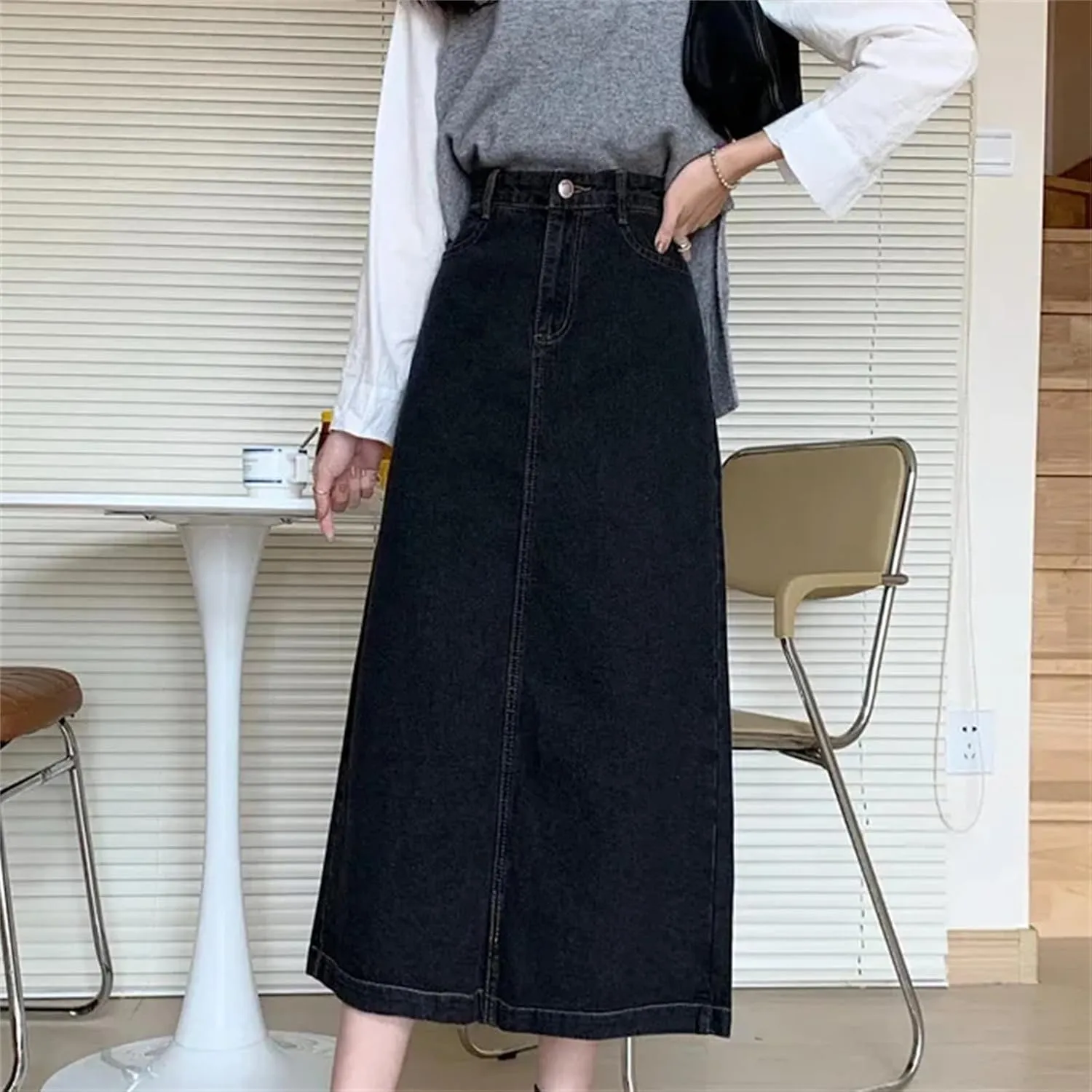 Women's Denim Skirt  High-Waisted Side Slit Bodycon Medium-Length Casual Stretch Waist Washed for Spring