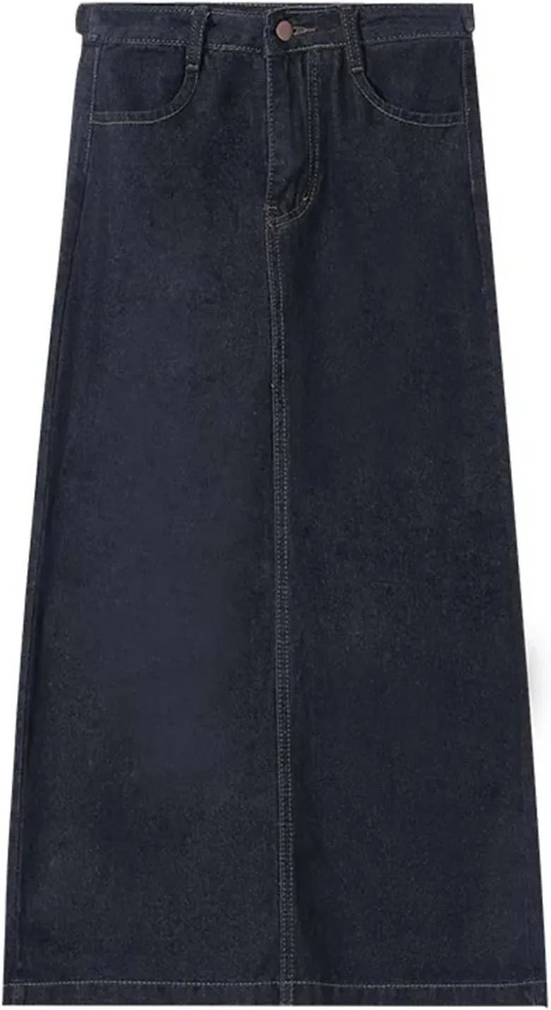 Women's Denim Skirt  High-Waisted Side Slit Bodycon Medium-Length Casual Stretch Waist Washed for Spring