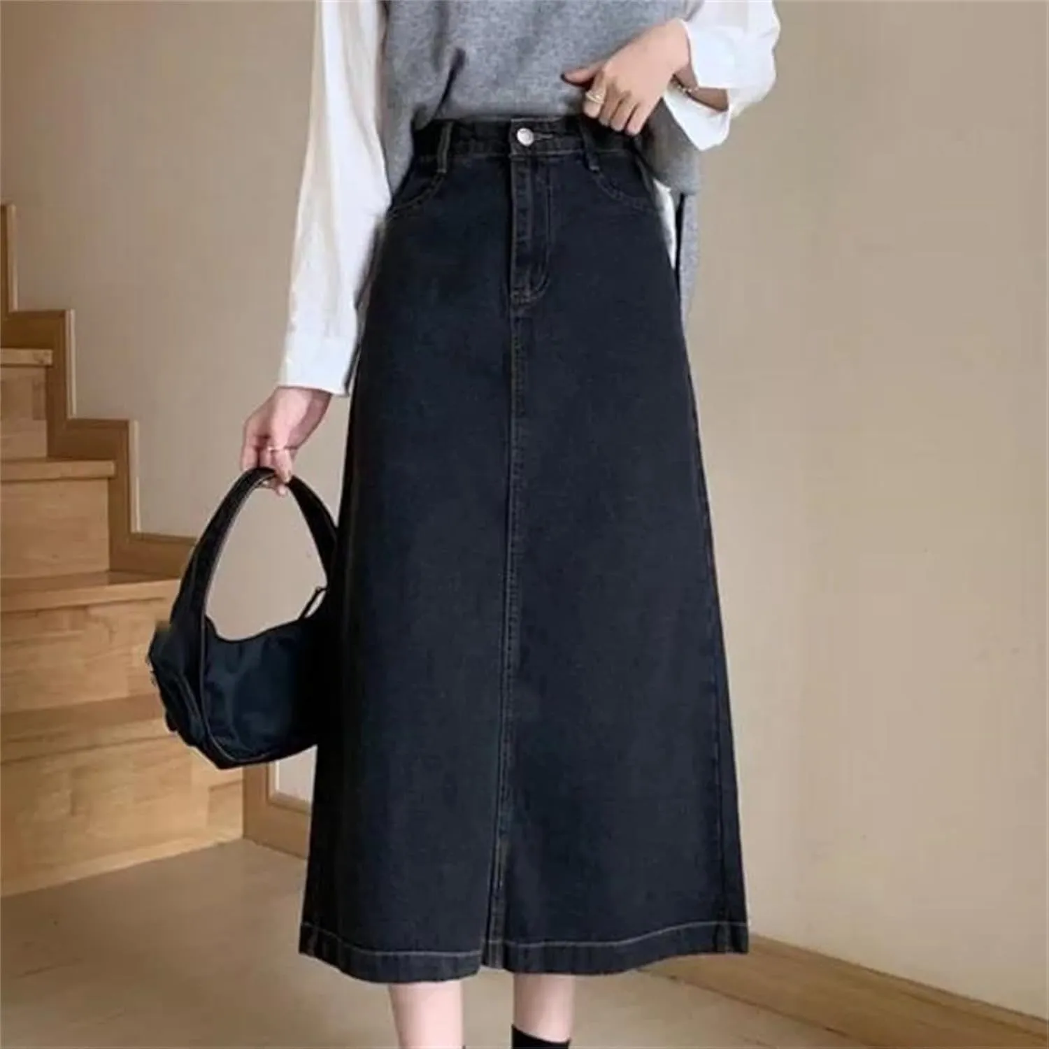 Women's Denim Skirt  High-Waisted Side Slit Bodycon Medium-Length Casual Stretch Waist Washed for Spring