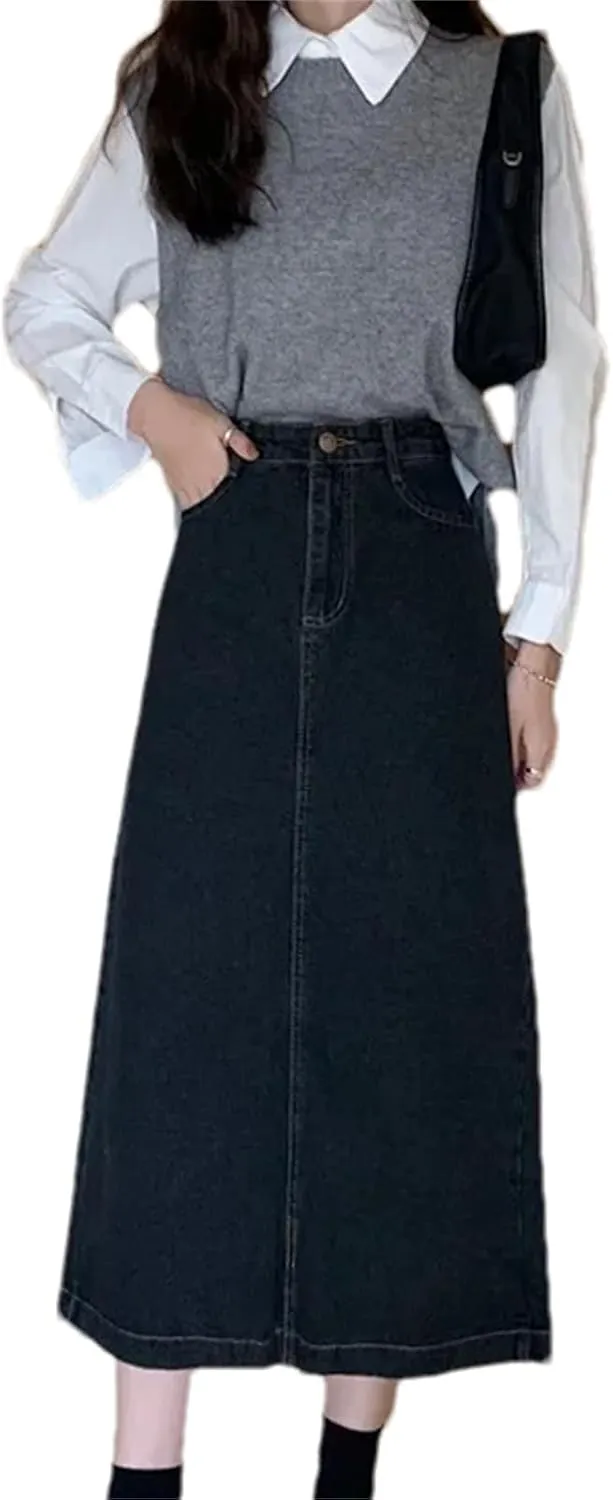 Women's Denim Skirt  High-Waisted Side Slit Bodycon Medium-Length Casual Stretch Waist Washed for Spring