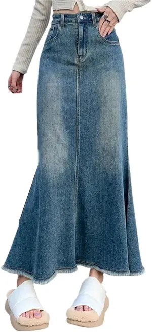 Women's Denim Style High-Waisted Mid-Length A- Line Hip Covering Long Skirt