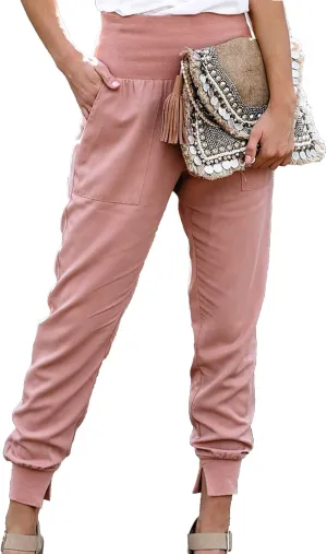 Womens Elastic High Waist Split Hem Pockets Trousers Ladies asual Sweatpants Loose Drawstring Pencil Pants(M-)