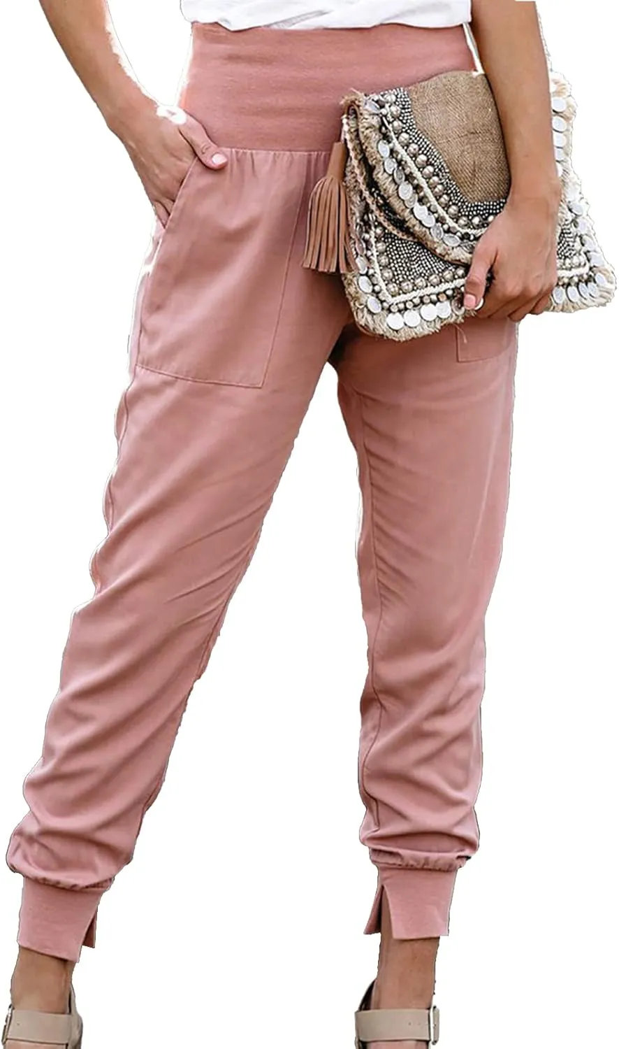 Womens Elastic High Waist Split Hem Pockets Trousers Ladies asual Sweatpants Loose Drawstring Pencil Pants(M-)