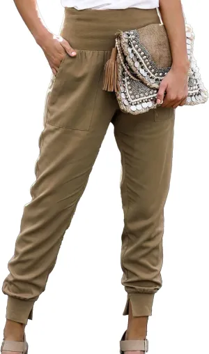 Womens Elastic High Waist Split Hem Pockets Trousers Ladies asual Sweatpants Loose Drawstring Pencil Pants(S-Khaki)
