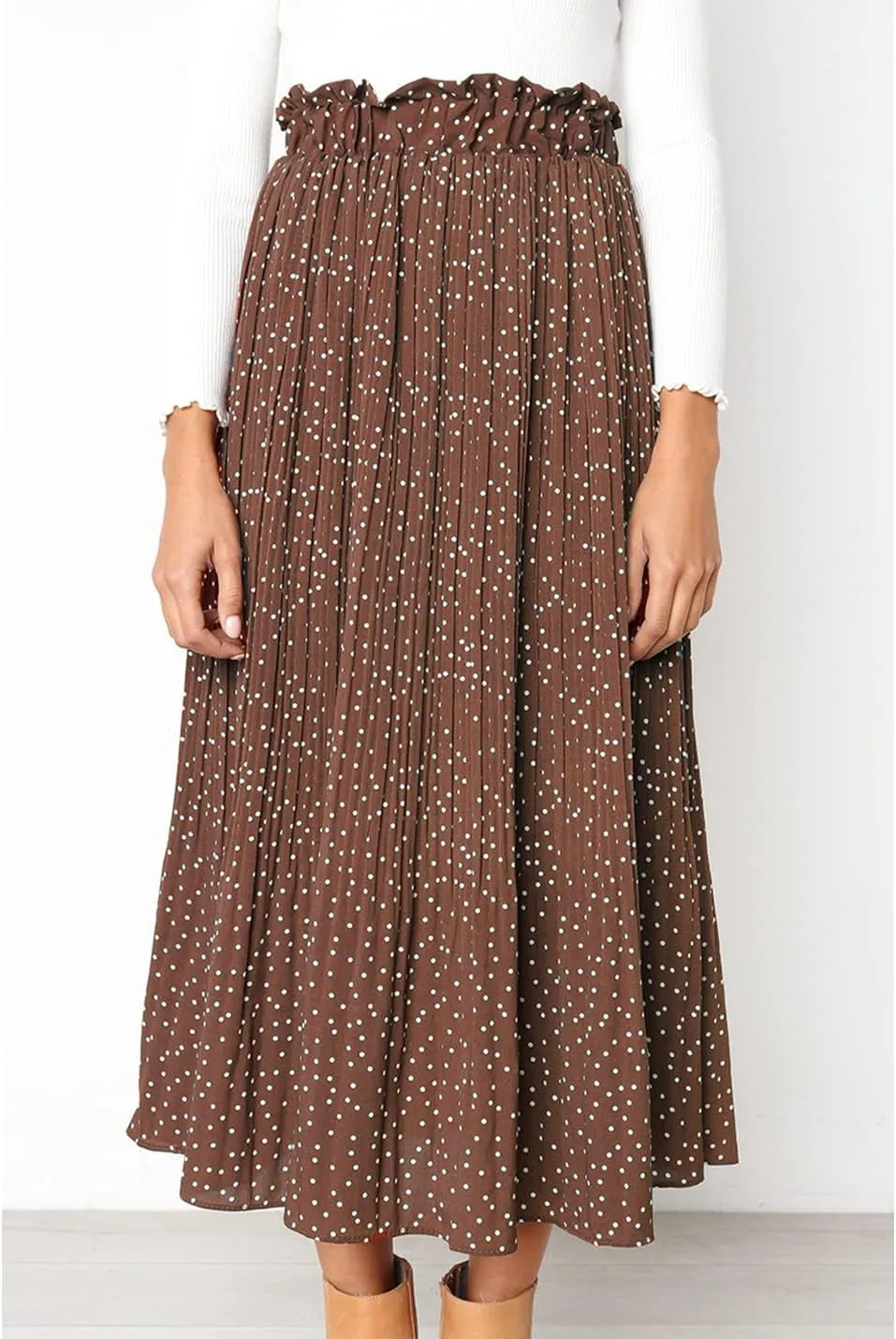 Womens Elegant High Elastic Waist Polka dot Print Pleated Midi Skirt with Pockets