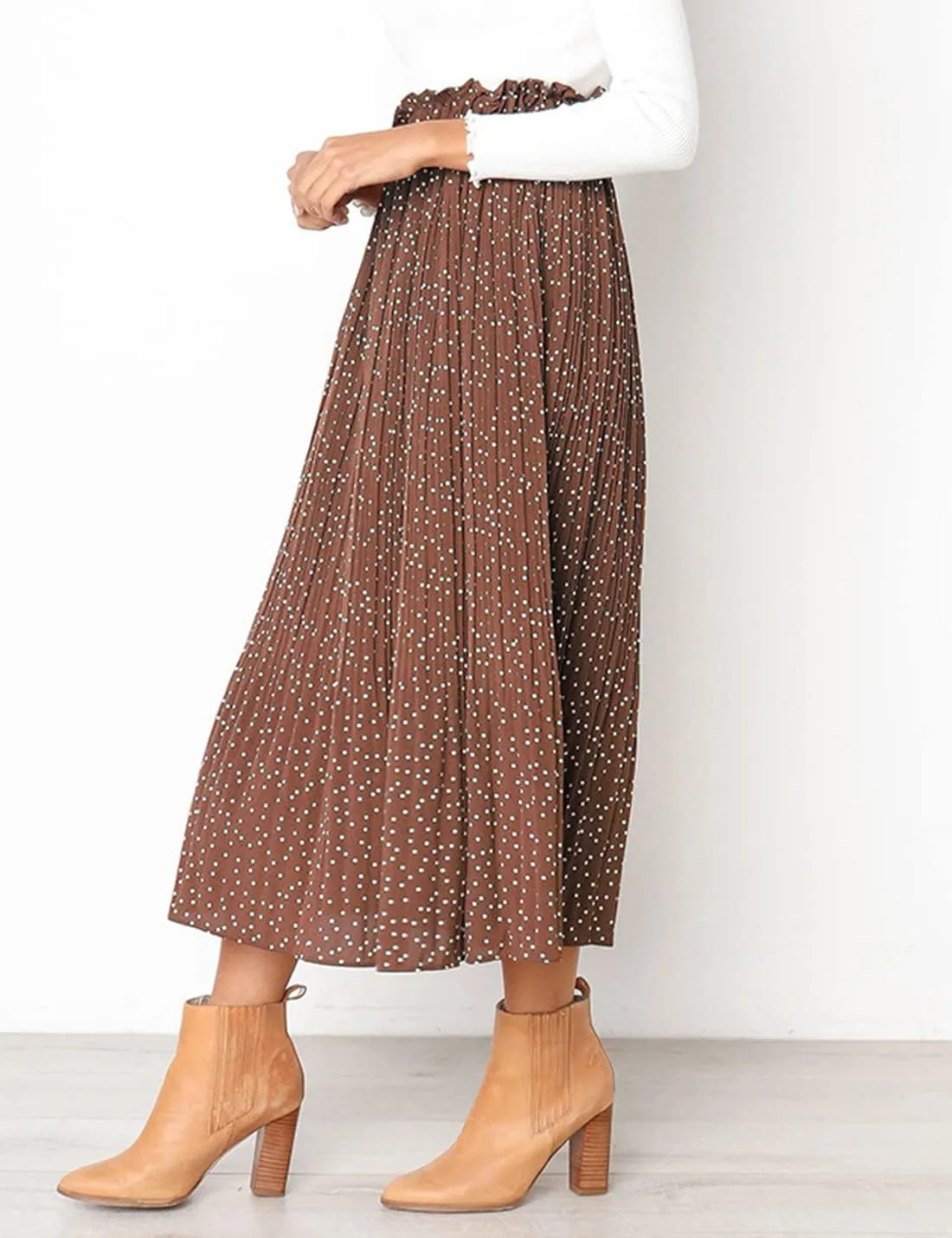Womens Elegant High Elastic Waist Polka dot Print Pleated Midi Skirt with Pockets