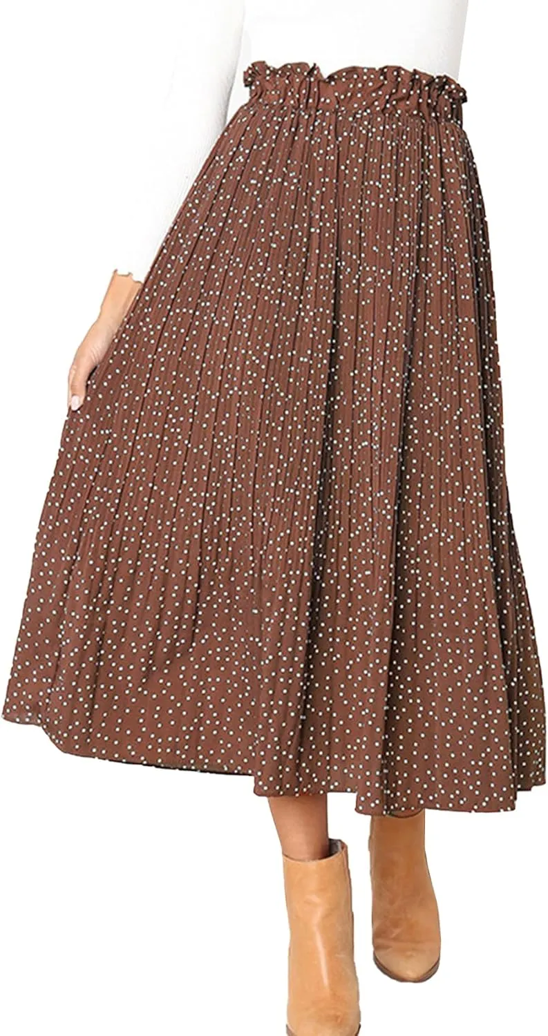 Womens Elegant High Elastic Waist Polka dot Print Pleated Midi Skirt with Pockets