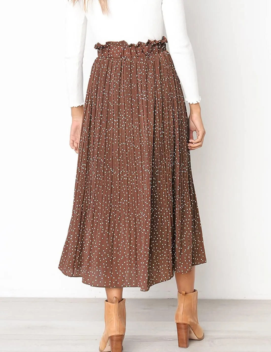 Womens Elegant High Elastic Waist Polka dot Print Pleated Midi Skirt with Pockets