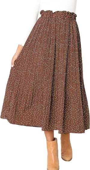 Womens Elegant High Elastic Waist Polka dot Print Pleated Midi Skirt with Pockets