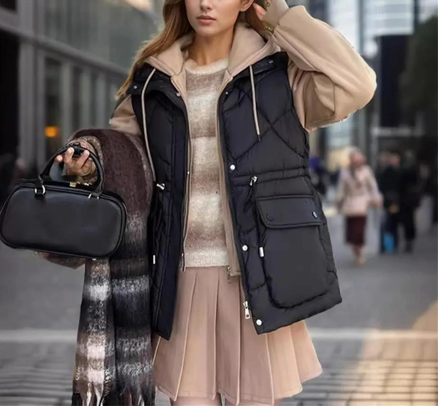 Women's Fake Two Pieces Patchwork Parka Coat Vintage Drawstring Hooded Cotton-Padded Jacket