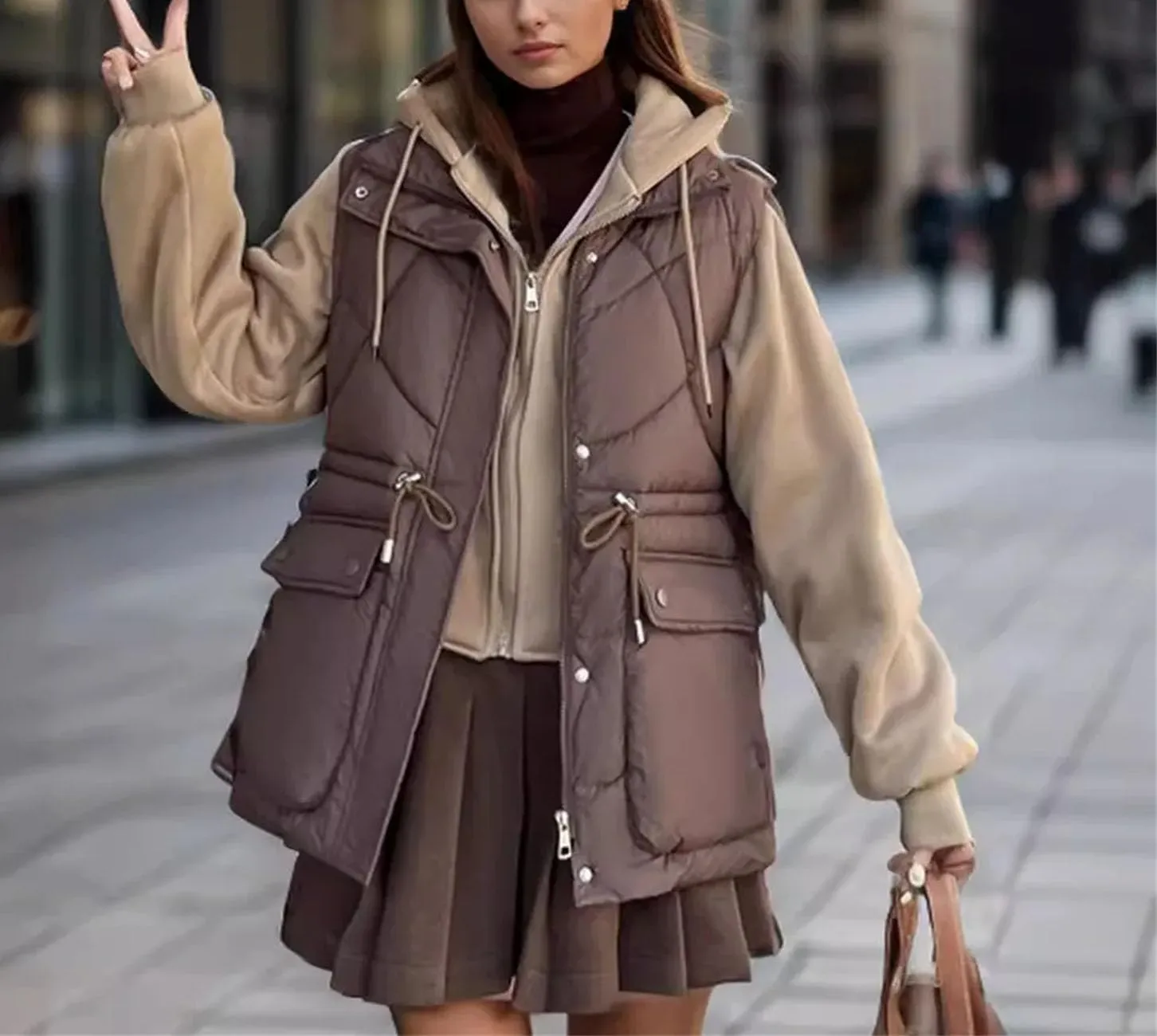 Women's Fake Two Pieces Patchwork Parka Coat Vintage Drawstring Hooded Cotton-Padded Jacket