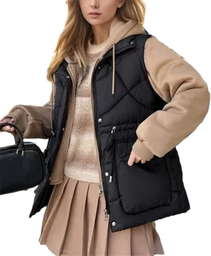 Women's Fake Two Pieces Patchwork Parka Coat Vintage Drawstring Hooded Cotton-Padded Jacket