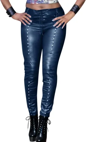 Women's Faux Leather Leggings Gothic Punk Skinny PU Leather Pants Mid Rise Novelty Studded Tight Pants