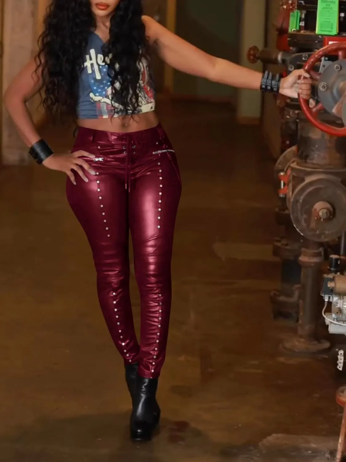 Women's Faux Leather Leggings Gothic Punk Skinny PU Leather Pants Mid Rise Novelty Studded Tight Pants