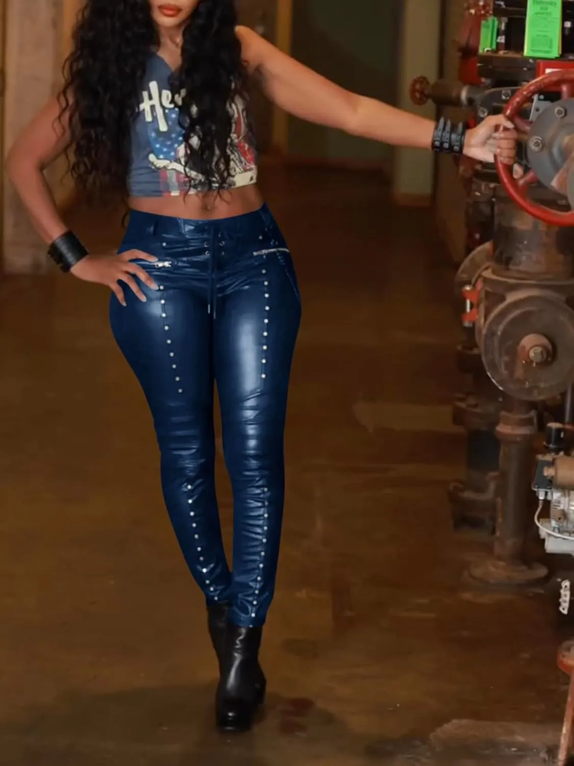 Women's Faux Leather Leggings Gothic Punk Skinny PU Leather Pants Mid Rise Novelty Studded Tight Pants