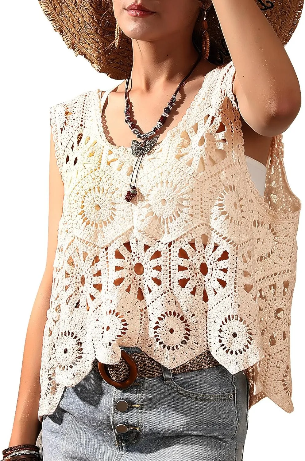 Womens Floral Crochet Lace Boho Trim Sleeveless Open Front Vest Cardigan