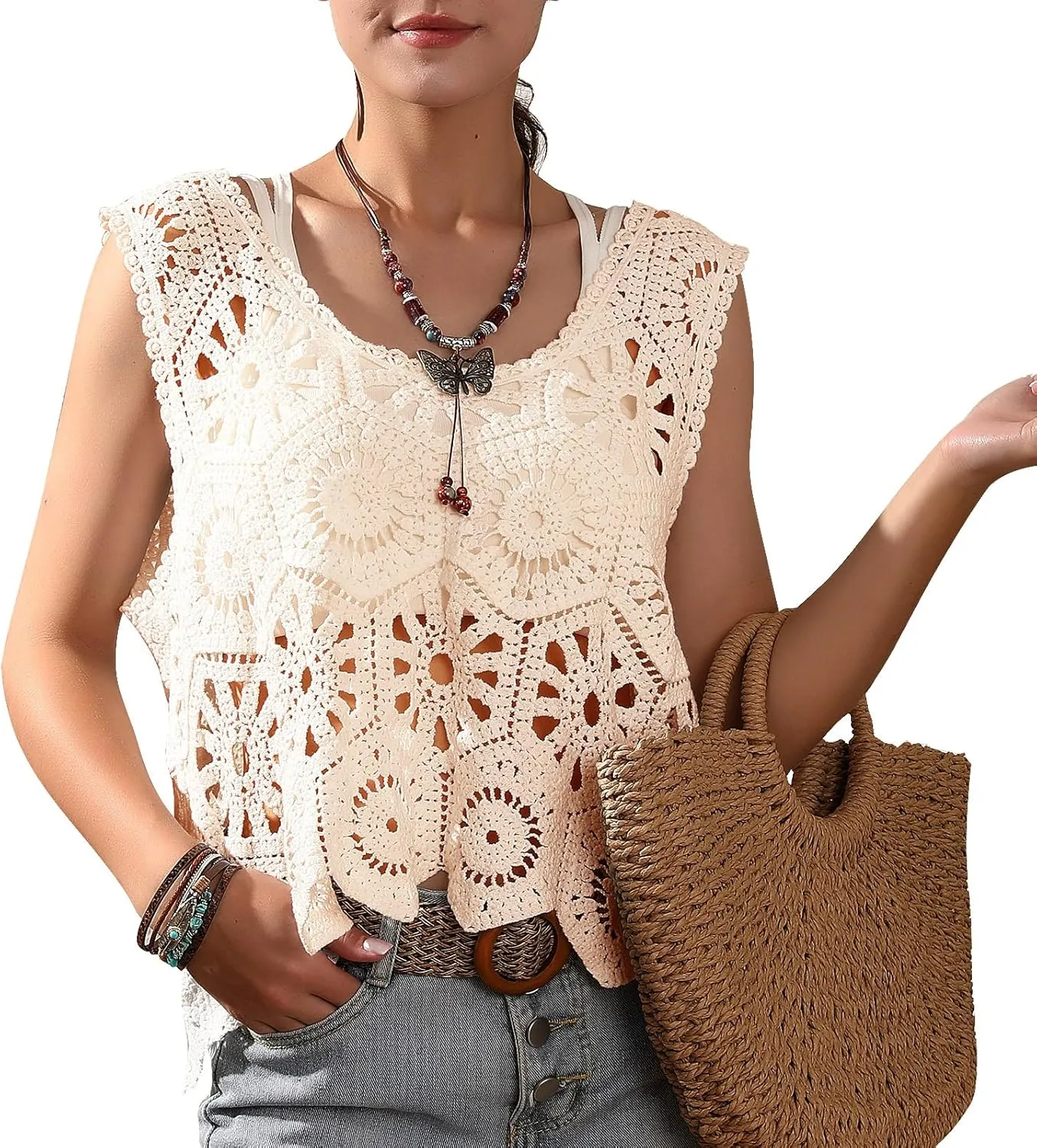 Womens Floral Crochet Lace Boho Trim Sleeveless Open Front Vest Cardigan