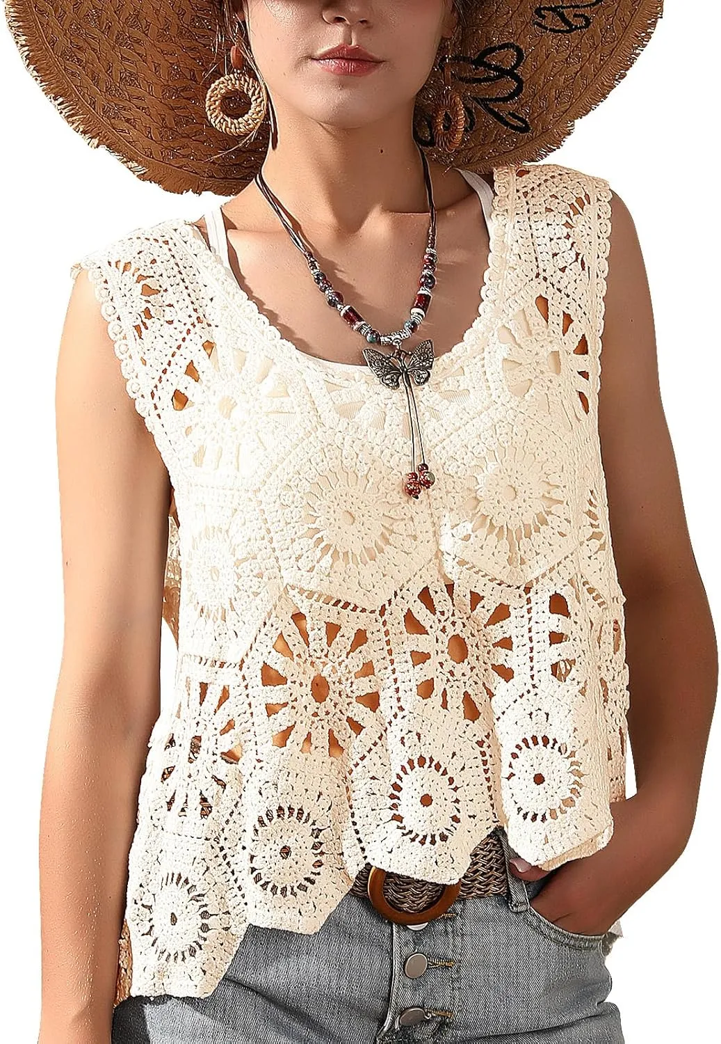 Womens Floral Crochet Lace Boho Trim Sleeveless Open Front Vest Cardigan