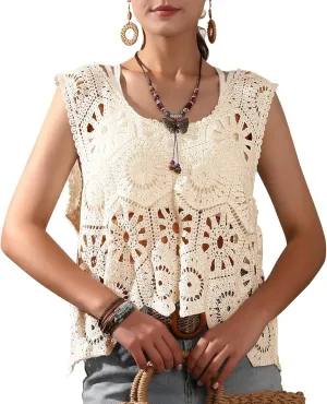 Womens Floral Crochet Lace Boho Trim Sleeveless Open Front Vest Cardigan
