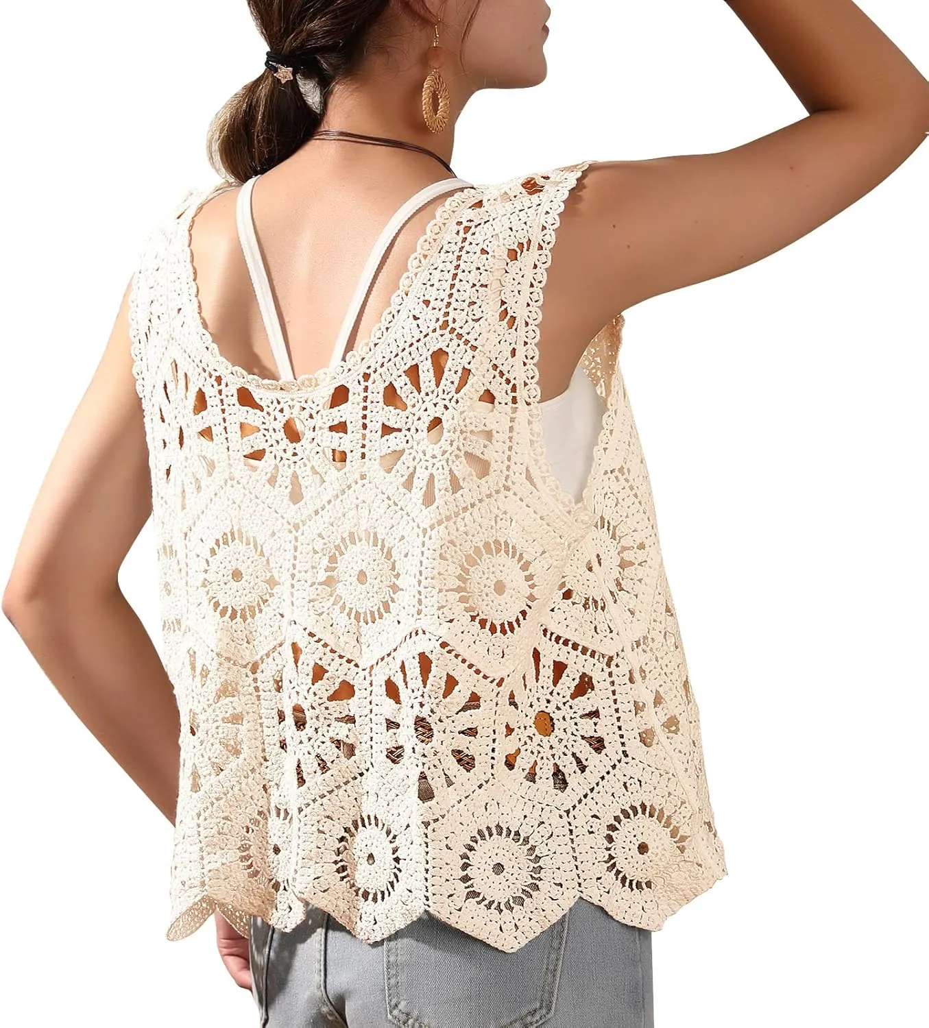 Womens Floral Crochet Lace Boho Trim Sleeveless Open Front Vest Cardigan
