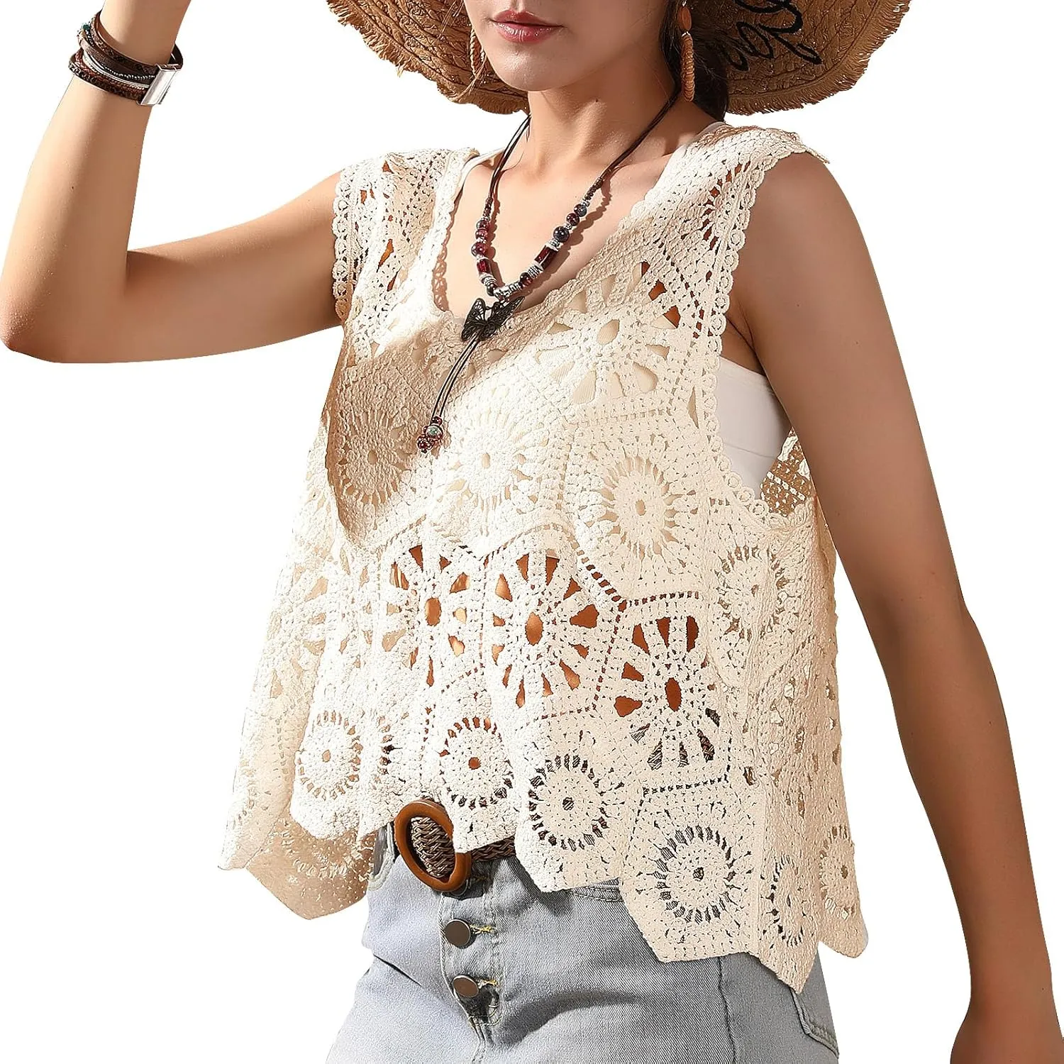 Womens Floral Crochet Lace Boho Trim Sleeveless Open Front Vest Cardigan