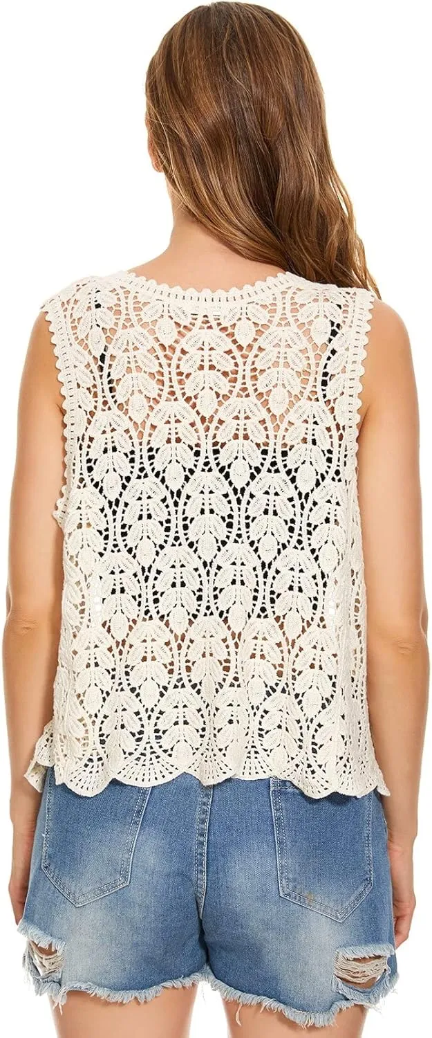 Womens Floral Crochet Lace Trim Sleeveless Open Front Vest Cardigan