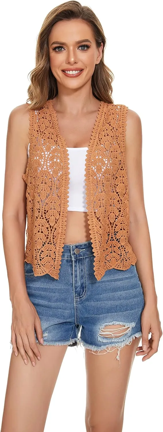 Womens Floral Crochet Lace Trim Sleeveless Open Front Vest Cardigan
